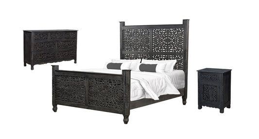 Three Piece Black Solid Wood Bedroom Set