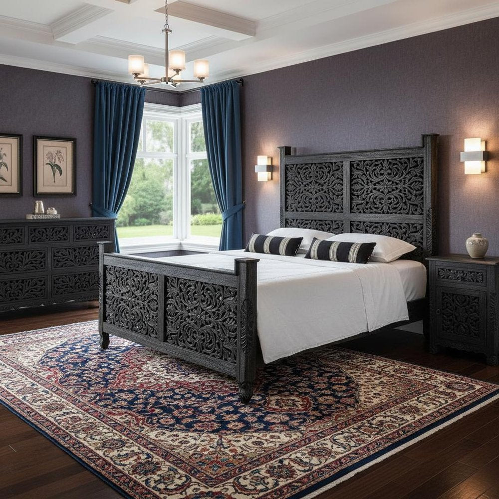 Three Piece Black Solid Wood Bedroom Set