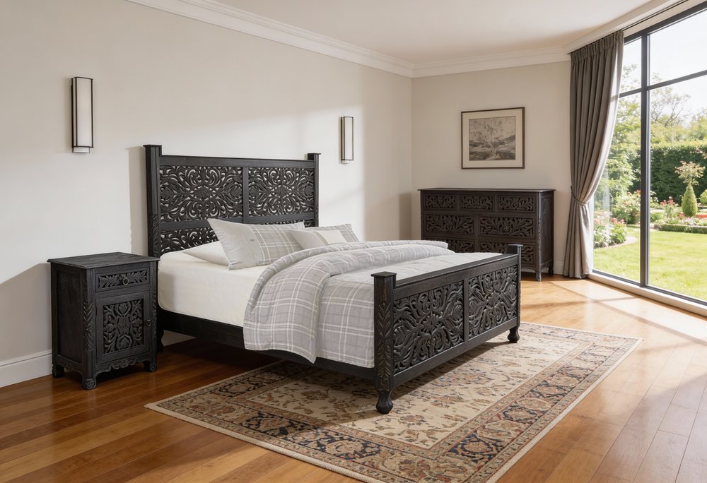 Three Piece Black Solid Wood Bedroom Set