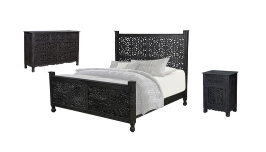 Three Piece Black Solid Wood Bedroom Set