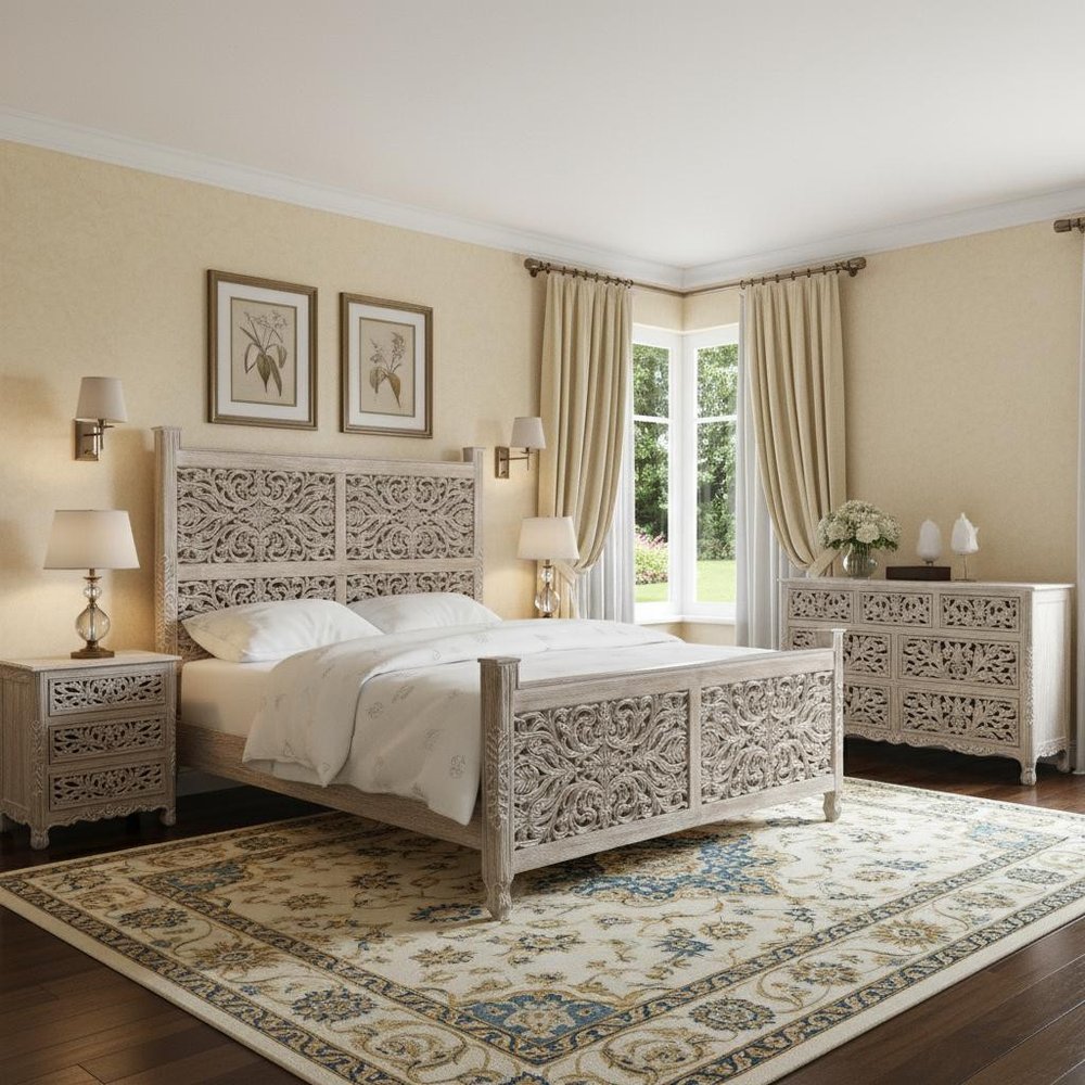 Three Piece Gray Solid Wood Bedroom Set