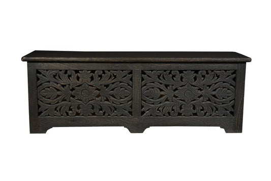 52" Black Distressed Solid Wood Carved Floral Storage Ottoman