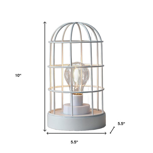 10" White Battery Operated Lamp With Cage Cylinder Shade