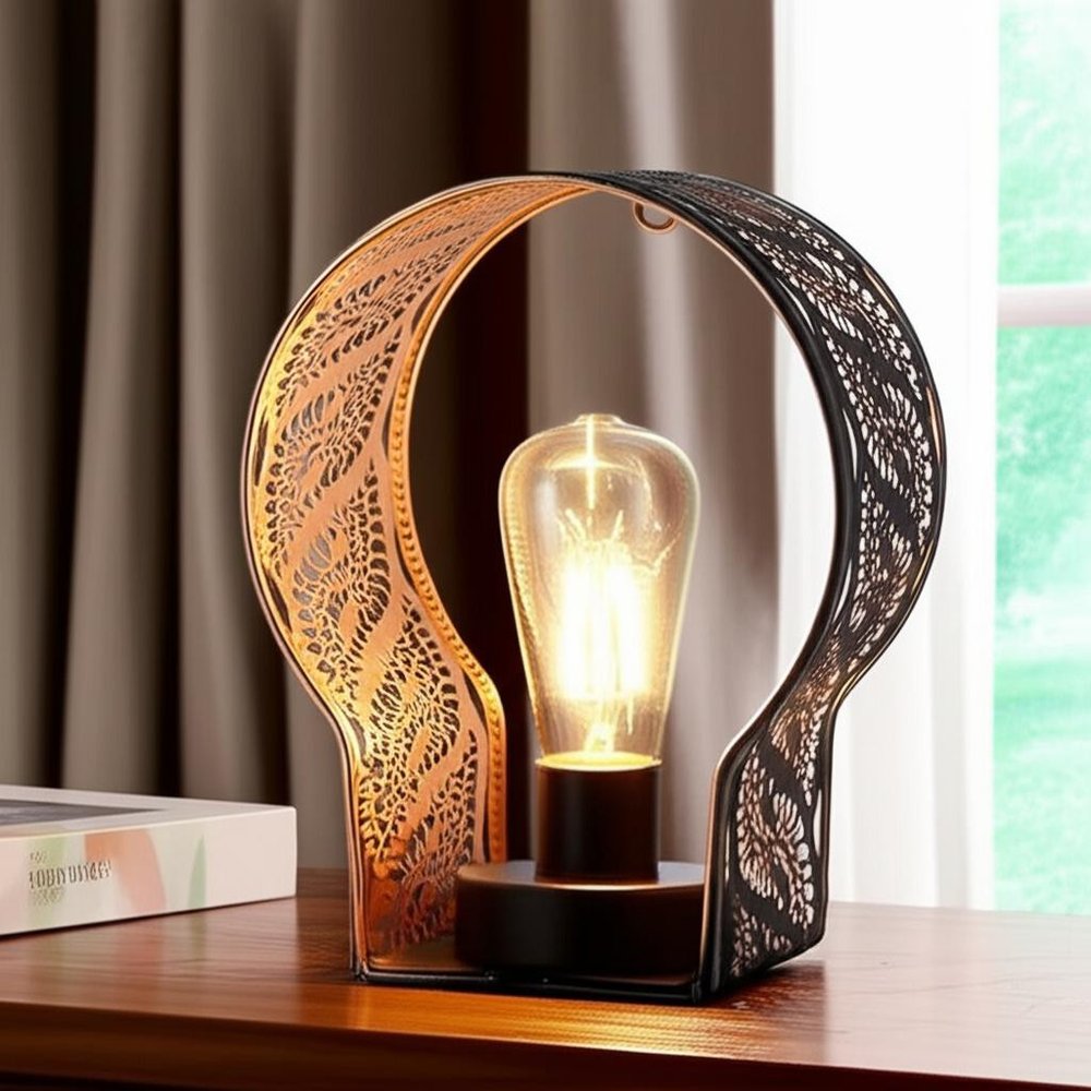 7" Black Battery Operated Round Bedside Lamp With Pierced Shade