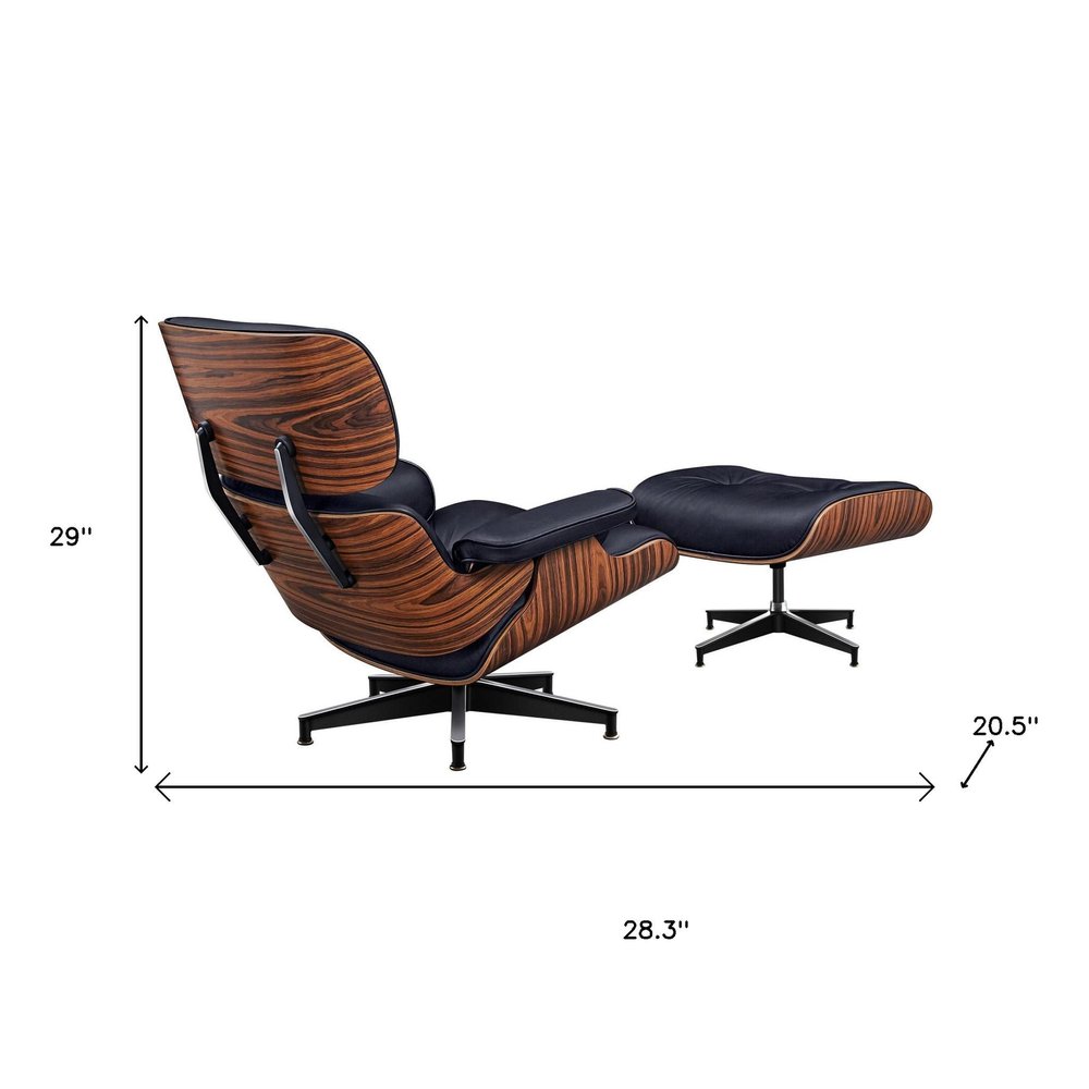 28" Black and Rosewood Tufted Genuine Leather Lounge Chair With Ottoman