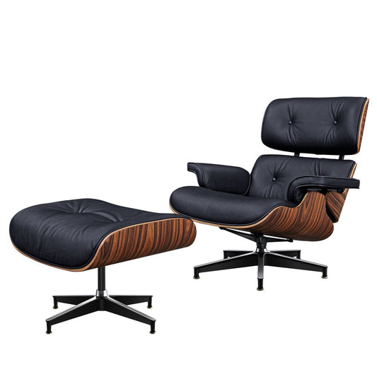 28" Black and Rosewood Tufted Genuine Leather Lounge Chair With Ottoman