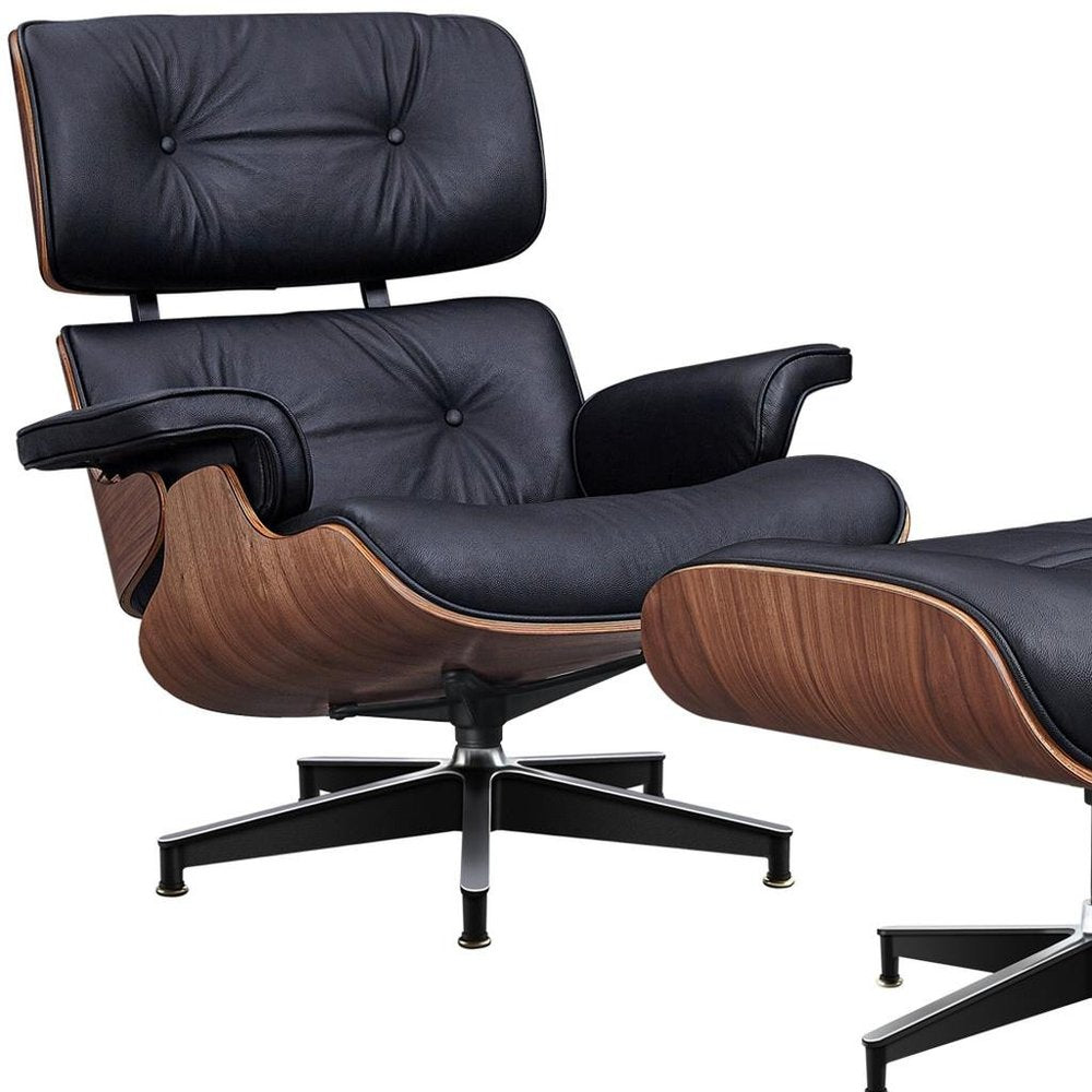 28" Black and Light Brown Tufted Genuine Leather Lounge Chair With Ottoman