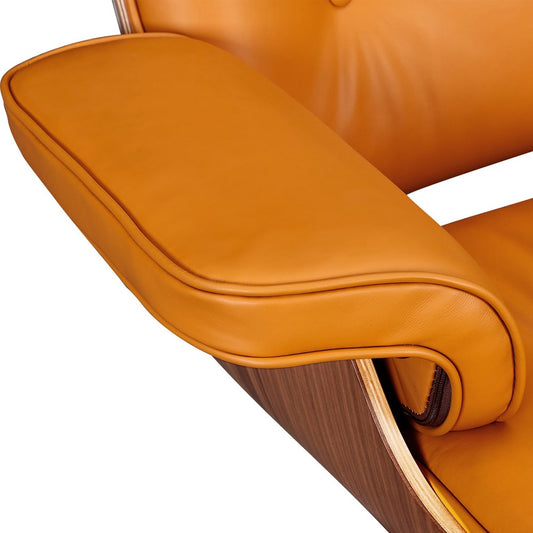 28" Orange and Light Brown Tufted Genuine Leather Lounge Chair With Ottoman
