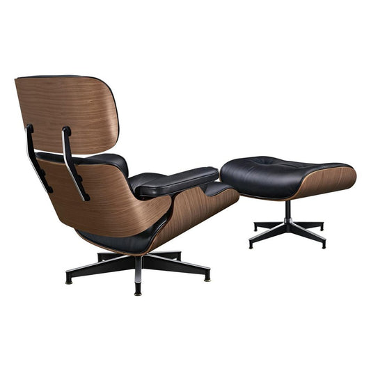 28" Black and Light Brown Tufted Genuine Leather Lounge Chair With Ottoman