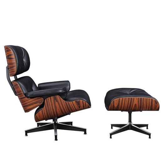 28" Black and Rosewood Tufted Genuine Leather Lounge Chair With Ottoman