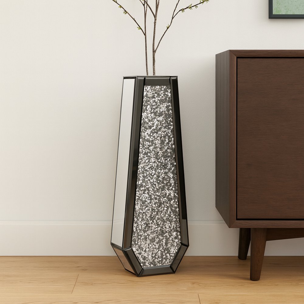 24" Black Crystal Glass Floor Vase With Faux Crystals