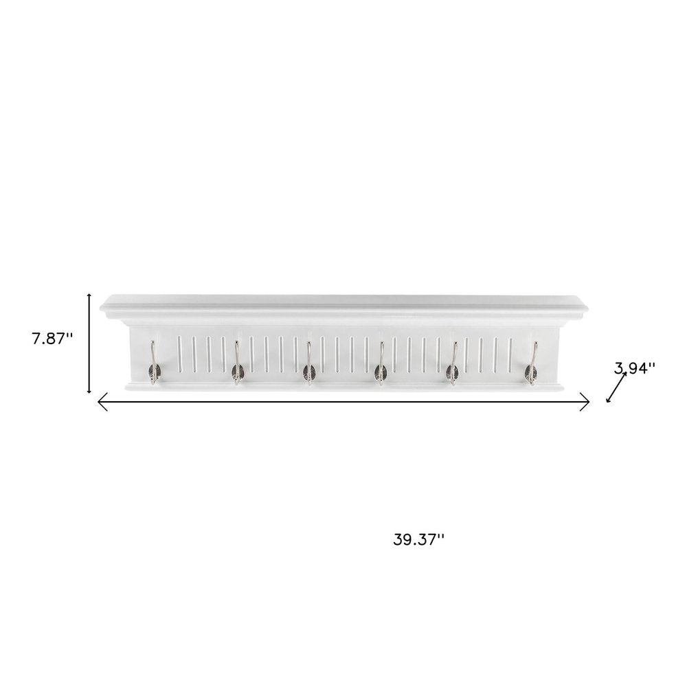 39" White Solid Wood Six Hook Wall Mount Coat Rack