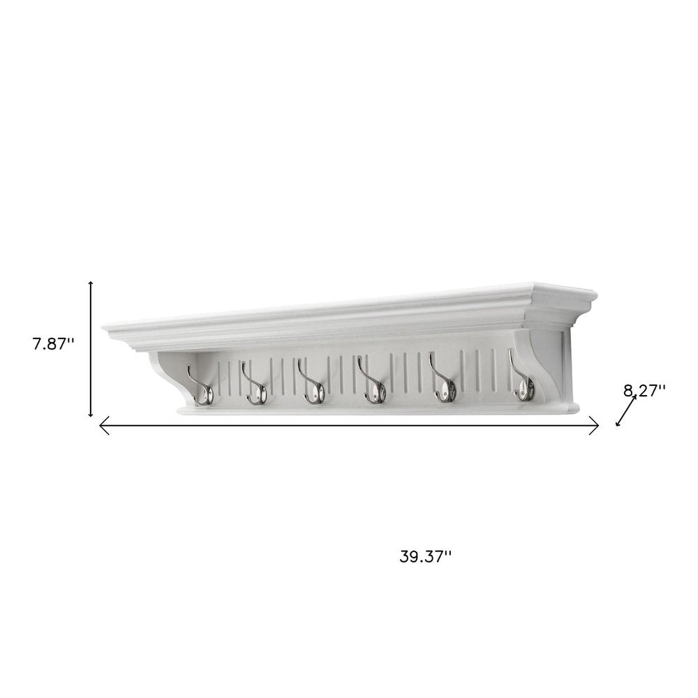 39" White Solid Wood Six Hook Wall Mount Coat Rack