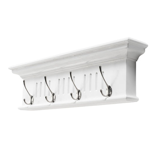28" White Solid Wood Four Hook Wall Mount Coat Rack