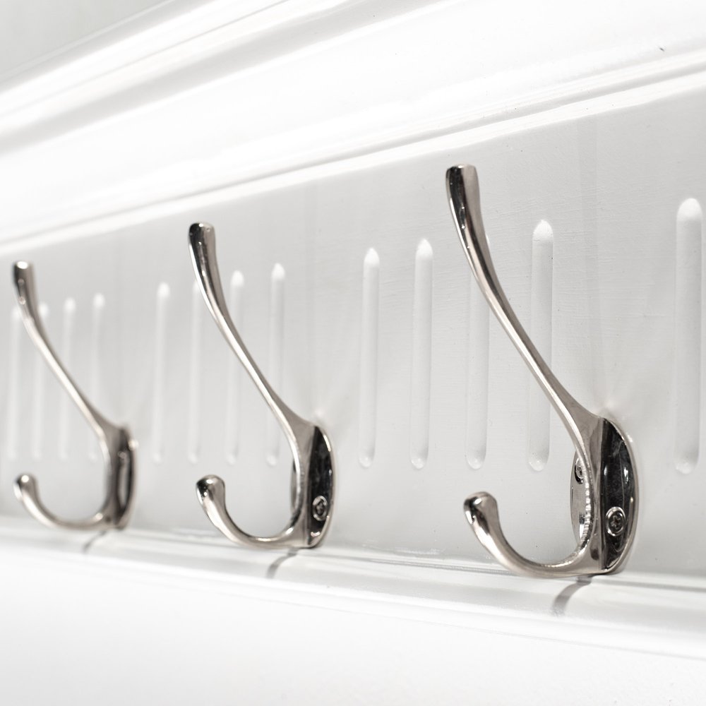 51" White Solid Wood Eight Hook Wall Mount Coat Rack