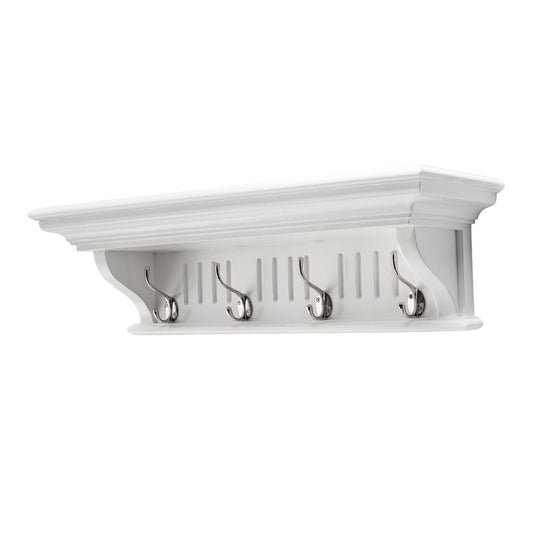 28" White Solid Wood Four Hook Wall Mount Coat Rack