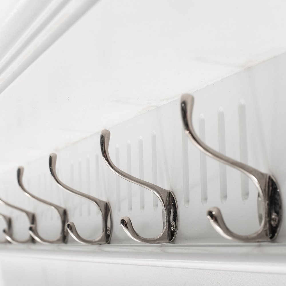 51" White Solid Wood Eight Hook Wall Mount Coat Rack