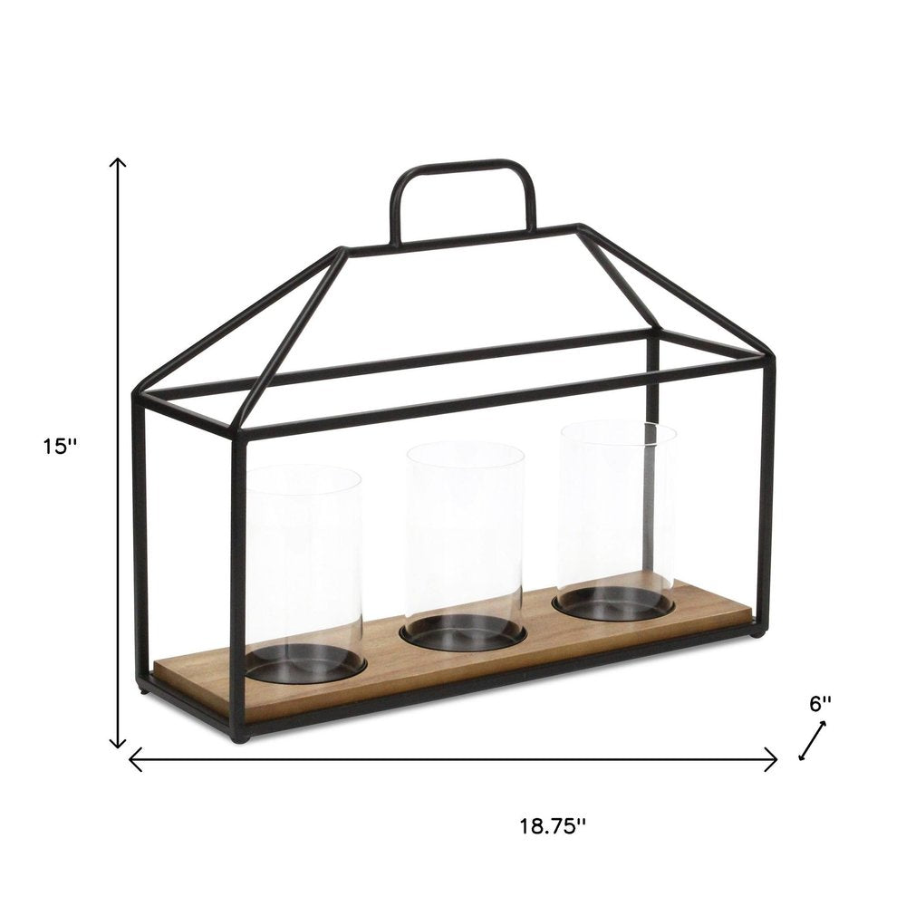15" Black Metal Glass And Wood Geometric Three Light Hurricane Candle Holder
