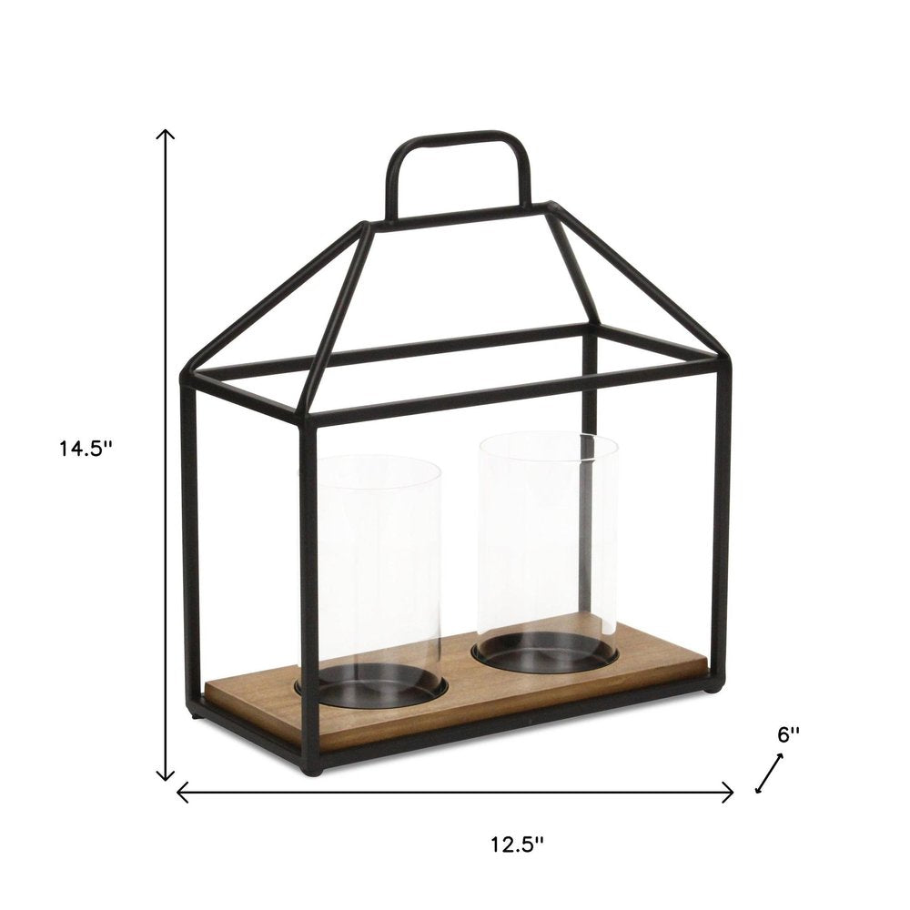 15" Black Metal Glass And Wood Geometric Two Light Hurricane Candle Holder