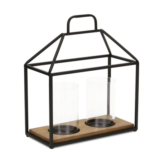 15" Black Metal Glass And Wood Geometric Two Light Hurricane Candle Holder