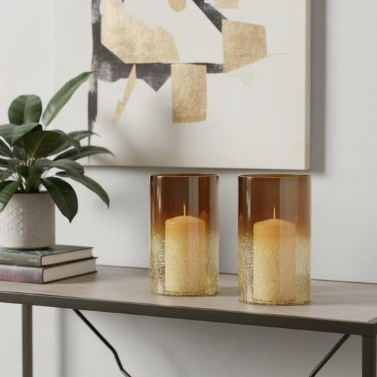 Set of Two Gold Glass Tabletop Pillar Candle Holders