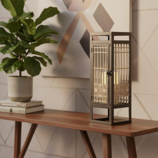 15" Brown Geometric Iron Tabletop Pillar Candle Holder