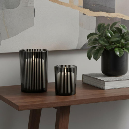 Set of Two Black Striped Glass Tabletop Pillar Candle Holders