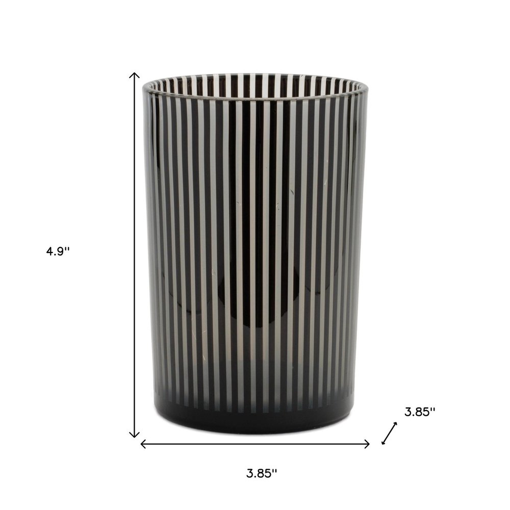 Set of Two Black Striped Glass Tabletop Pillar Candle Holders