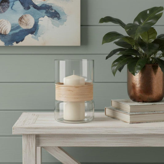 Set of Two Clear And Beige Abstract Glass Tabletop Pillar Candle Holders