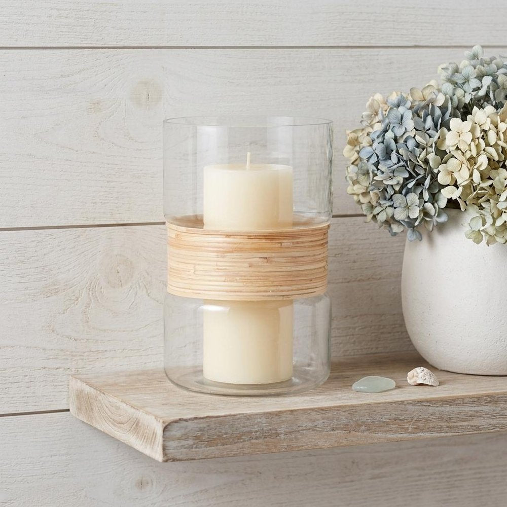 Set of Two Clear And Beige Abstract Glass Tabletop Pillar Candle Holders