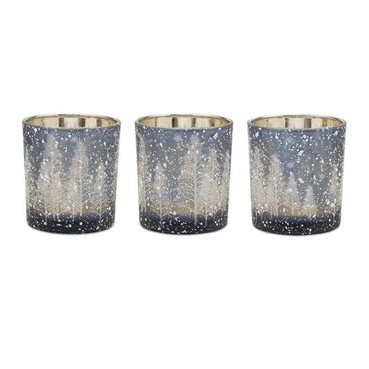 Set of Three Blue And Gray Abstract Glass Tabletop Votive Candle Holders