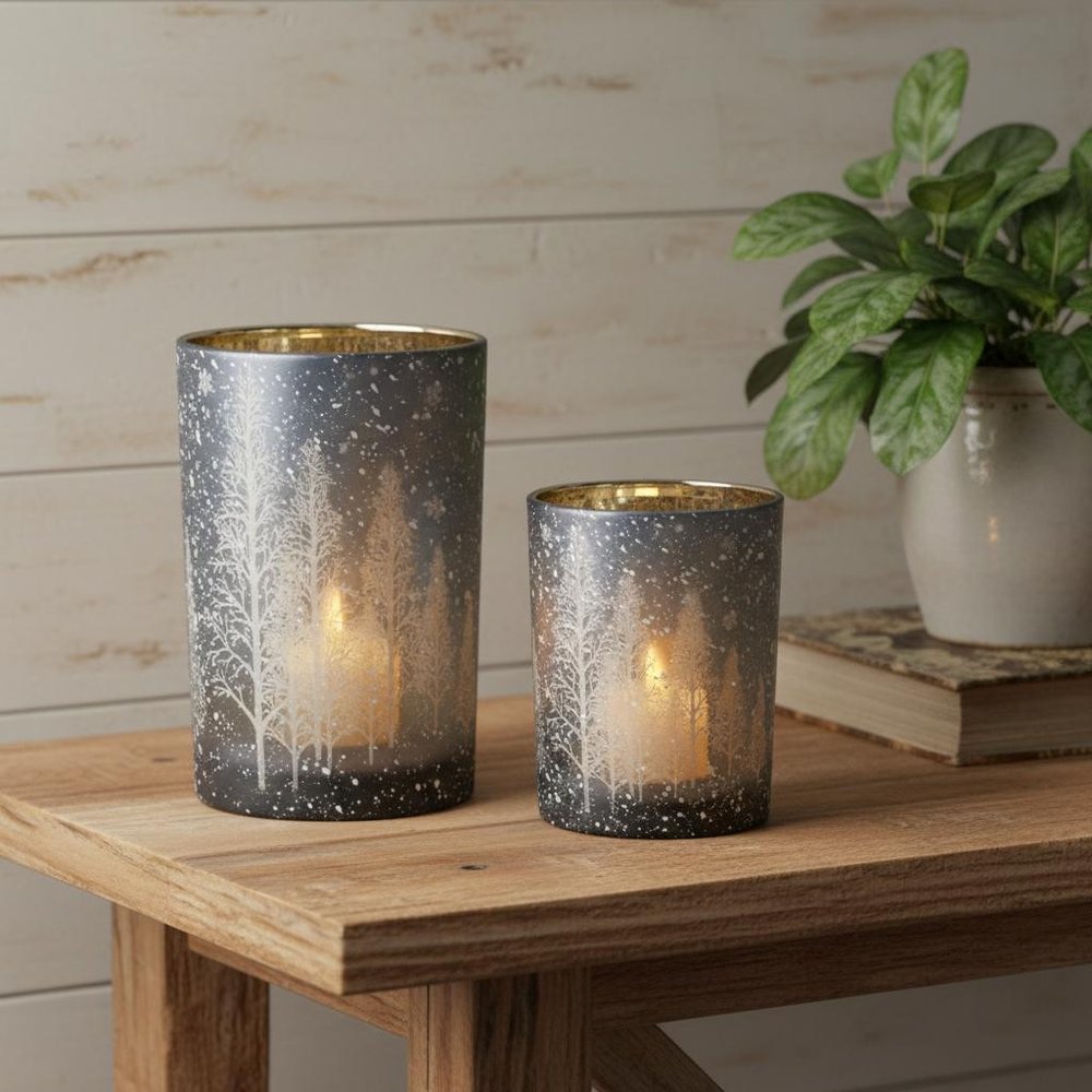 Set of Two Red Snowflake Glass Tabletop Votive Candle Holders