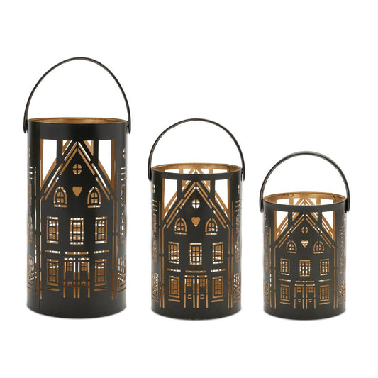 Set of Three Black And Gold Hammered Glass Tabletop Pillar Candle Holders