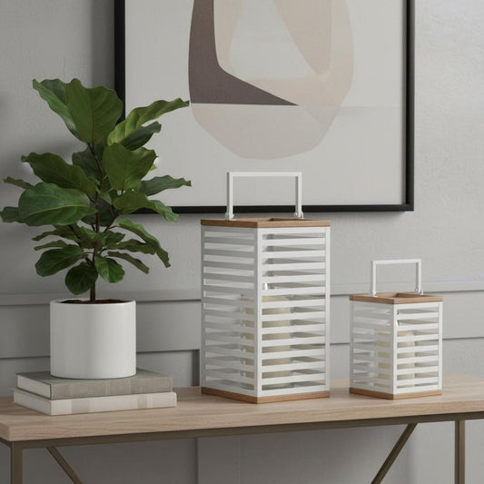 Set of Two White Abstract Metal Tabletop Pillar Candle Holders