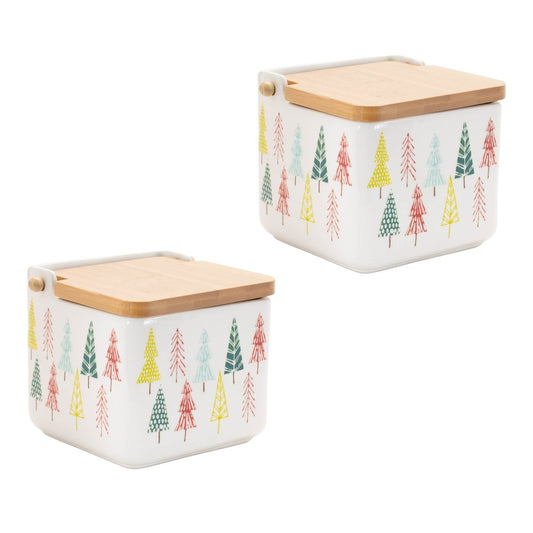 Set of Two White Green And Red Ceramic And Wood Christmas Lidded Canisters