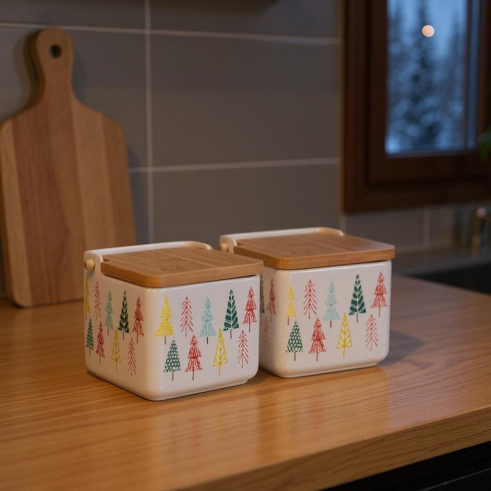 Set of Two White Green And Red Ceramic And Wood Christmas Lidded Canisters