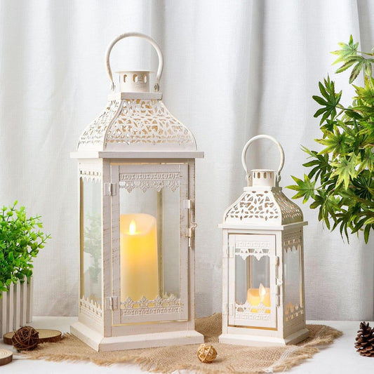 Set of Two Cream Distressed Filigree Metal Tabletop Lantern Candle Holders