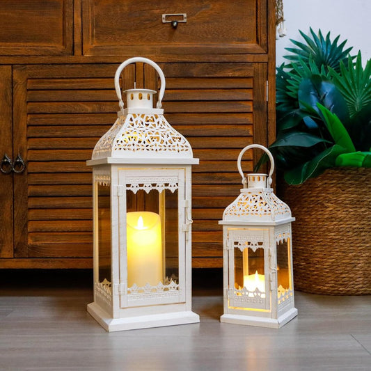 Set of Two Cream Distressed Filigree Metal Tabletop Lantern Candle Holders