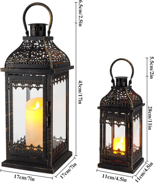Set of Two Black Distressed Filigree Metal Tabletop Lantern Candle Holders
