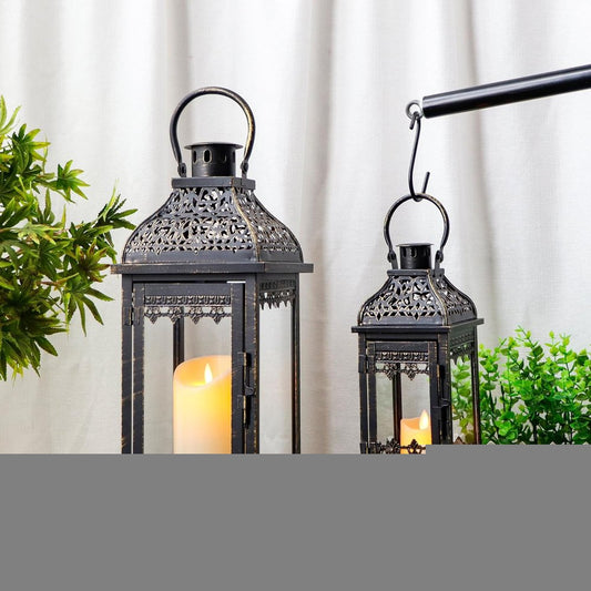 Set of Two Black Distressed Filigree Metal Tabletop Lantern Candle Holders