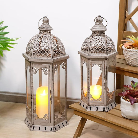 Set of Two Light Gray Distressed Ornate Metal Tabletop Lantern Candle Holders