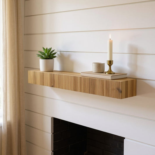 59" Natural Ribbed Texture Solid Wood Wall Mounted Mantel Floating Shelf
