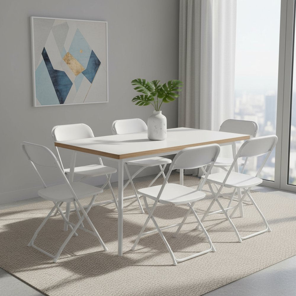 Set of Six White Metal Outdoor Folding Stacking Dining Chairs