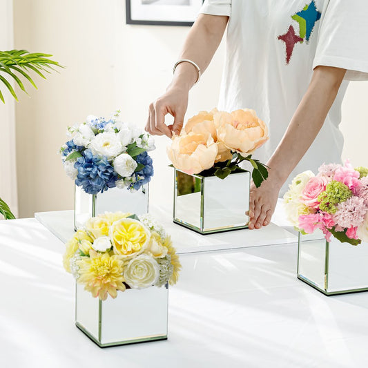 Set of Six Silver Mirrored Glass Square Table Vases