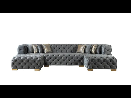 Tufted Gray Velvet Modular U Shaped Sofa and Chaise Sectional With Toss Pillows