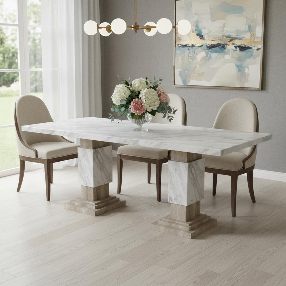 82" White and Natural Wood Pedestal Base Dining Table