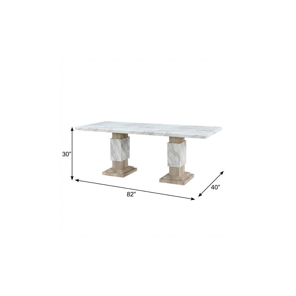 82" White and Natural Faux Marble and Wood Double Pedestal Base Dining Table