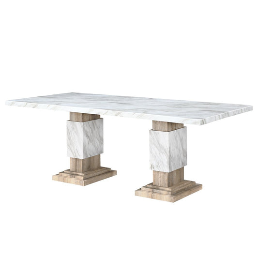 82" White and Natural Faux Marble and Wood Double Pedestal Base Dining Table