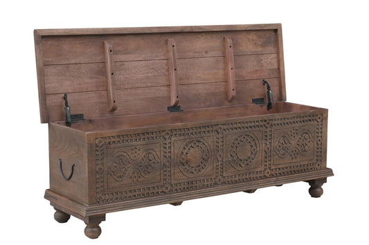 54" Brown Solid Wood Medallion Storage Ottoman