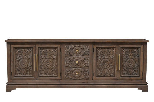 106" Brown Distressed Solid Wood Carved Floral Three Drawer Sideboard with Four Doors